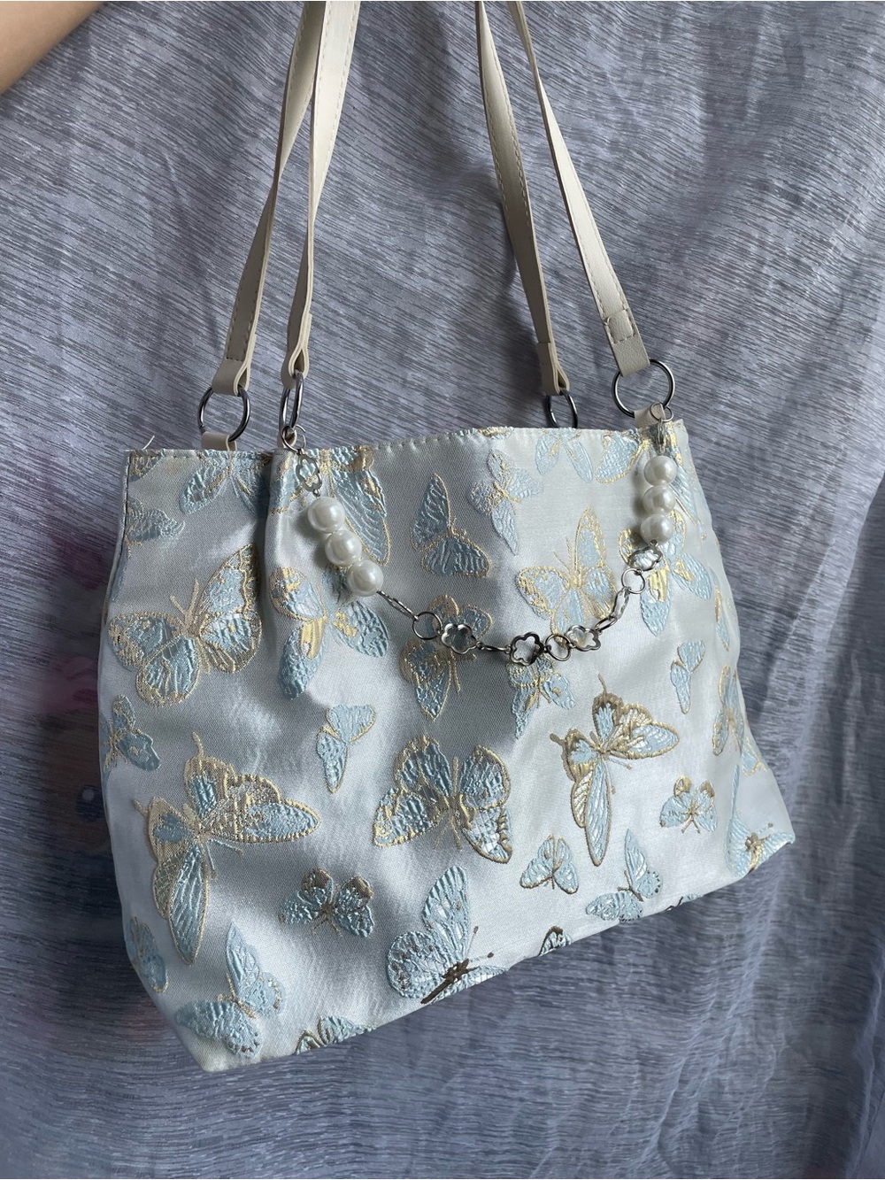 SHEIN Pearl Chain Butterfly Embroidered Shoulder Bag in Ivory, Light Blue & Gold